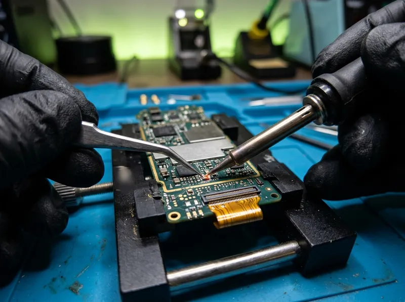 Reparo em placa de smartphone com ferro de solda